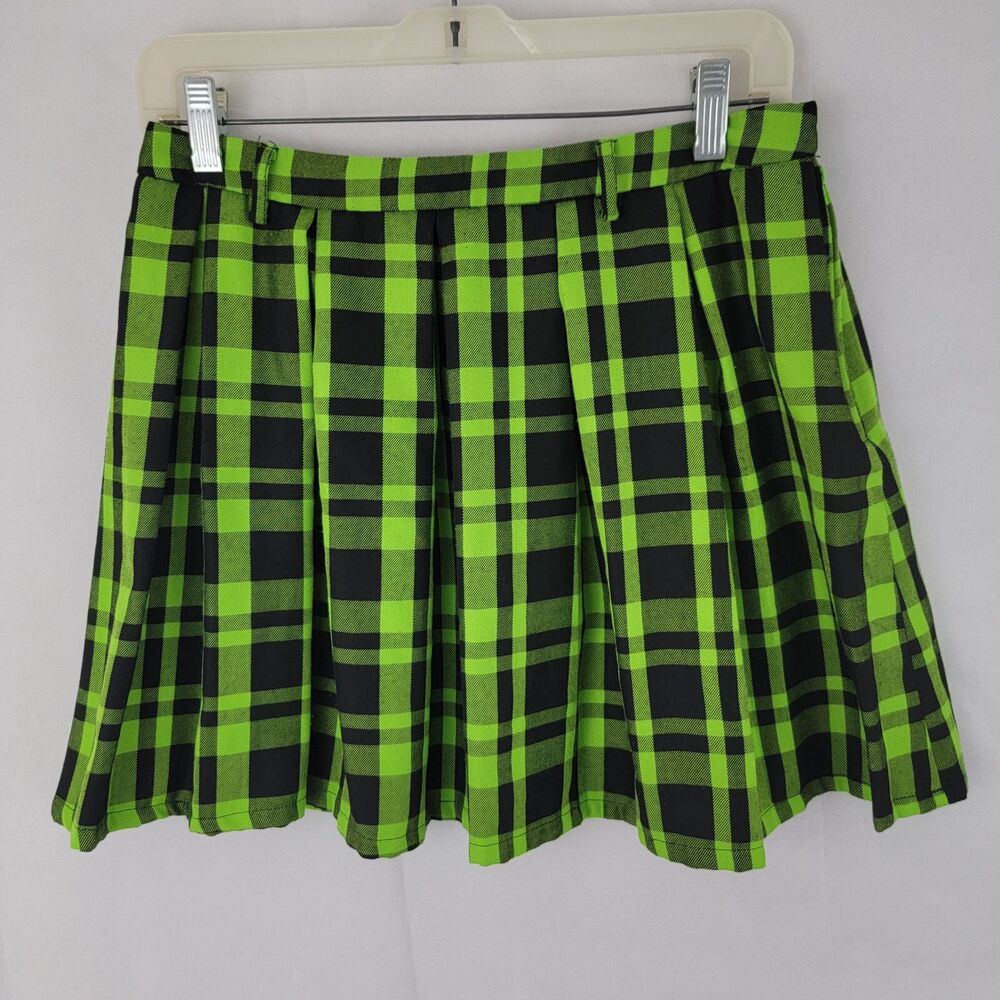 HOT TOPIC Juniors Mini Skirt SMALL Green Black Plaid Pleated Cyber Punk Goth Emo